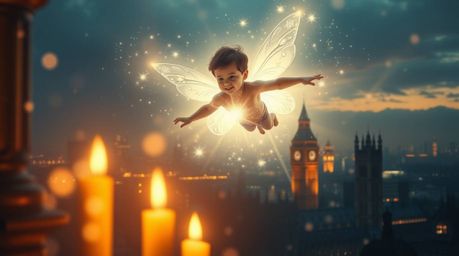 A young boy, radiating a soft light aura, takes flight above London, his path illuminated by sparkling pixie dust imbued with