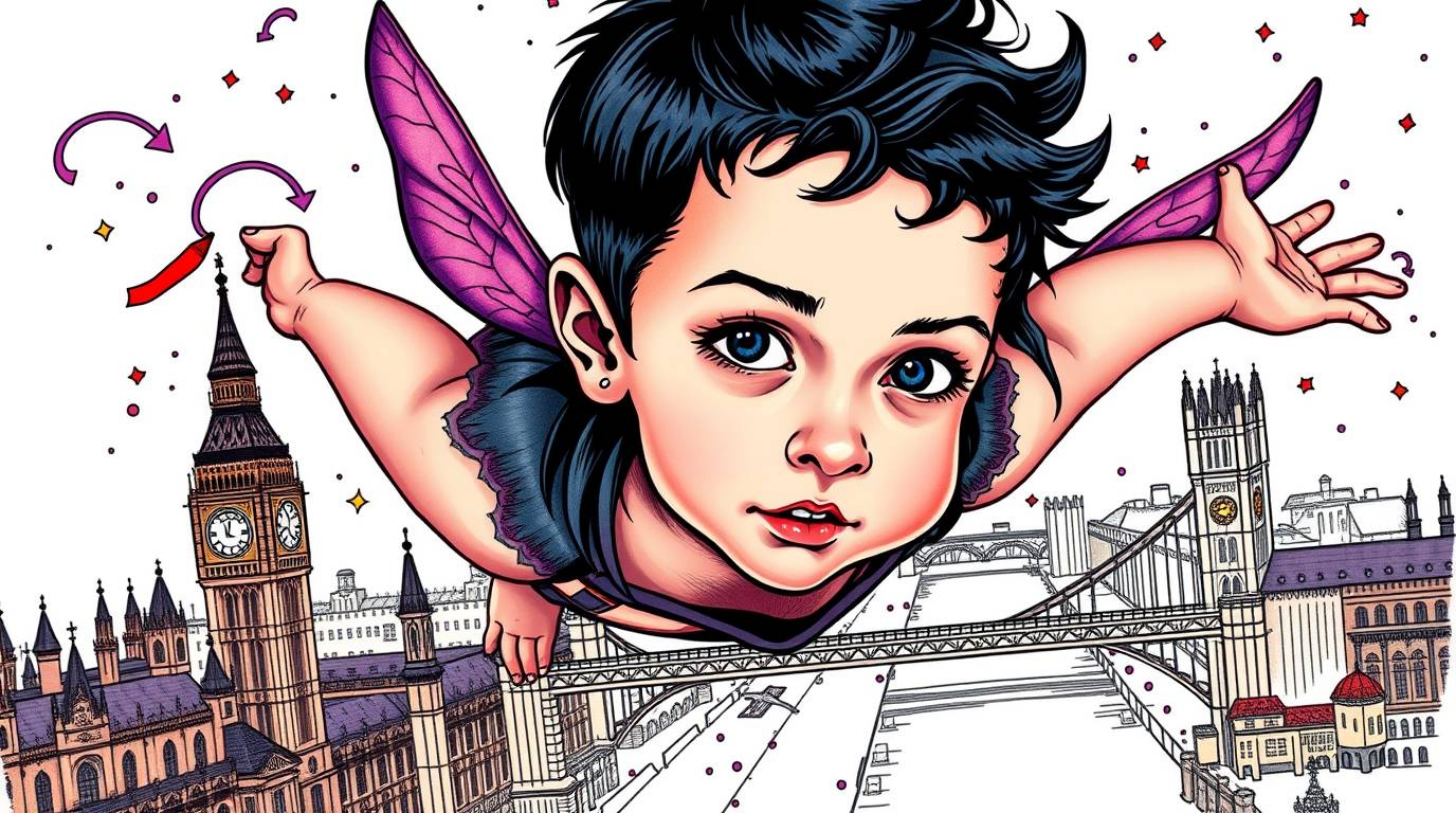 A captivating digital artwork depicting a young boy with fair skin and dark hair soaring above a stylized rendition of London