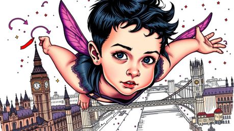 A captivating digital artwork depicting a young boy with fair skin and dark hair soaring above a stylized rendition of London