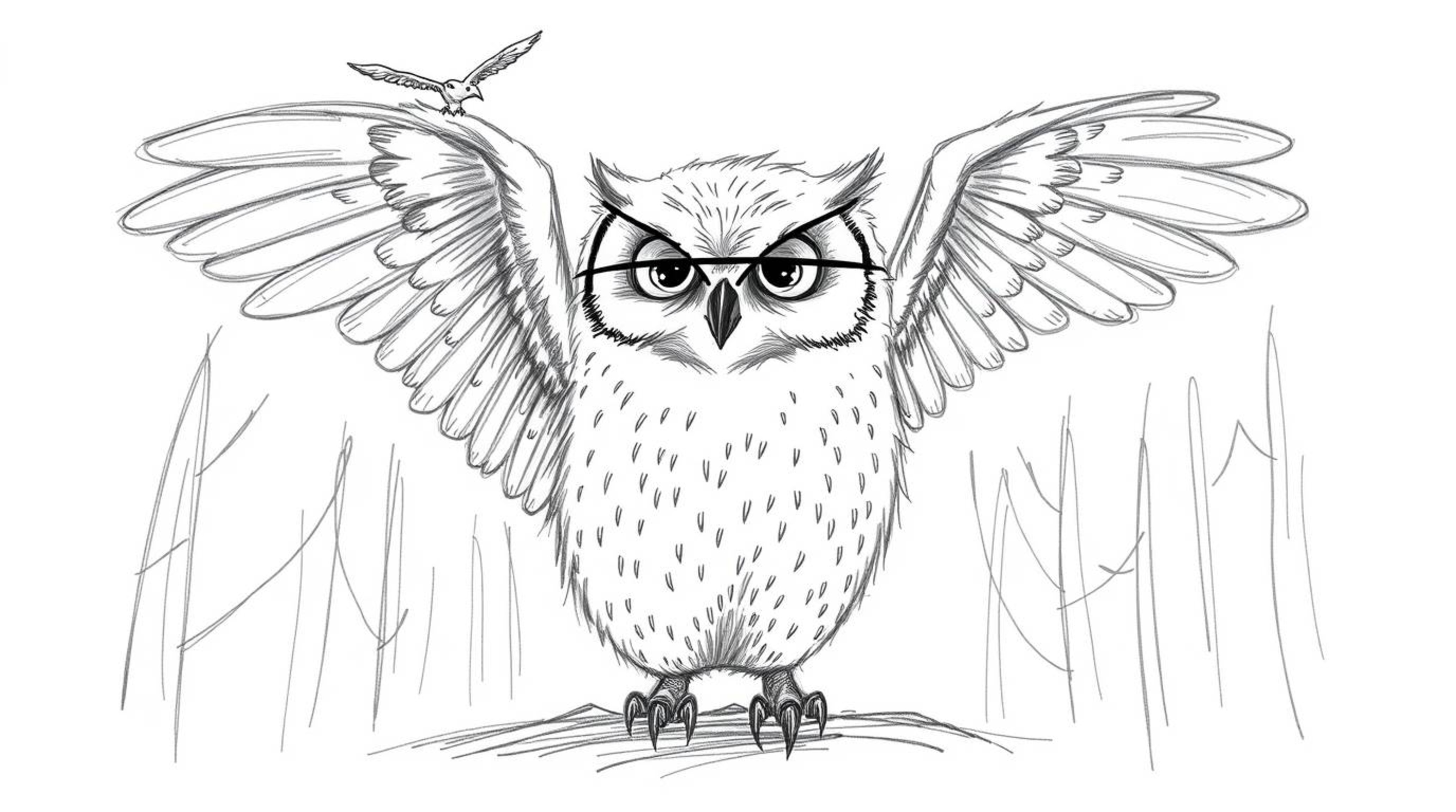 A captivating Pixar-style hand-drawn sketch depicts a serene blind owl with soft downy feathers, wings gently outstretched.  