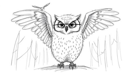A captivating Pixar-style hand-drawn sketch depicts a serene blind owl with soft downy feathers, wings gently outstretched.  