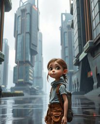 A captivating scene unfolds, showcasing a young inventor girl with a curious expression amidst towering futuristic buildings.