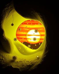 This sculptural clay artwork captures the dramatic scene of snowflakes falling during a vibrant sunset. The piece is characte