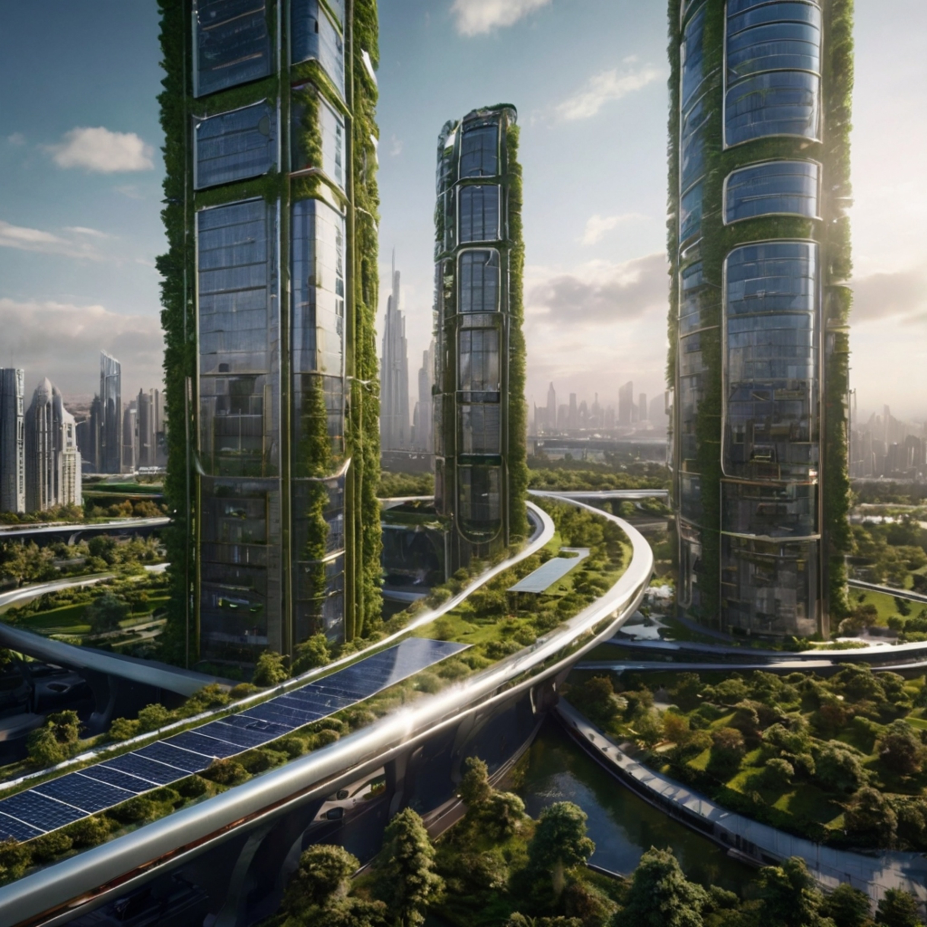 Imagine a breathtaking futuristic city where towering skyscrapers are powered entirely by the sun. Autonomous vehicles seamle