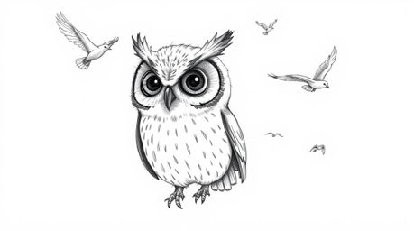 A captivating hand-drawn sketch depicts a blind owl, reimagined in a Pixar style, guiding birds in flight against a clean whi