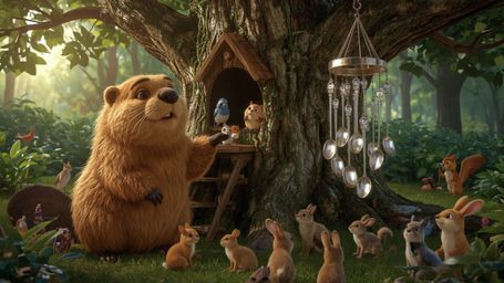 A highly detailed, high-resolution stock photo captures a lovable, Pixar-inspired beaver with warm, golden fur and a kind, ge