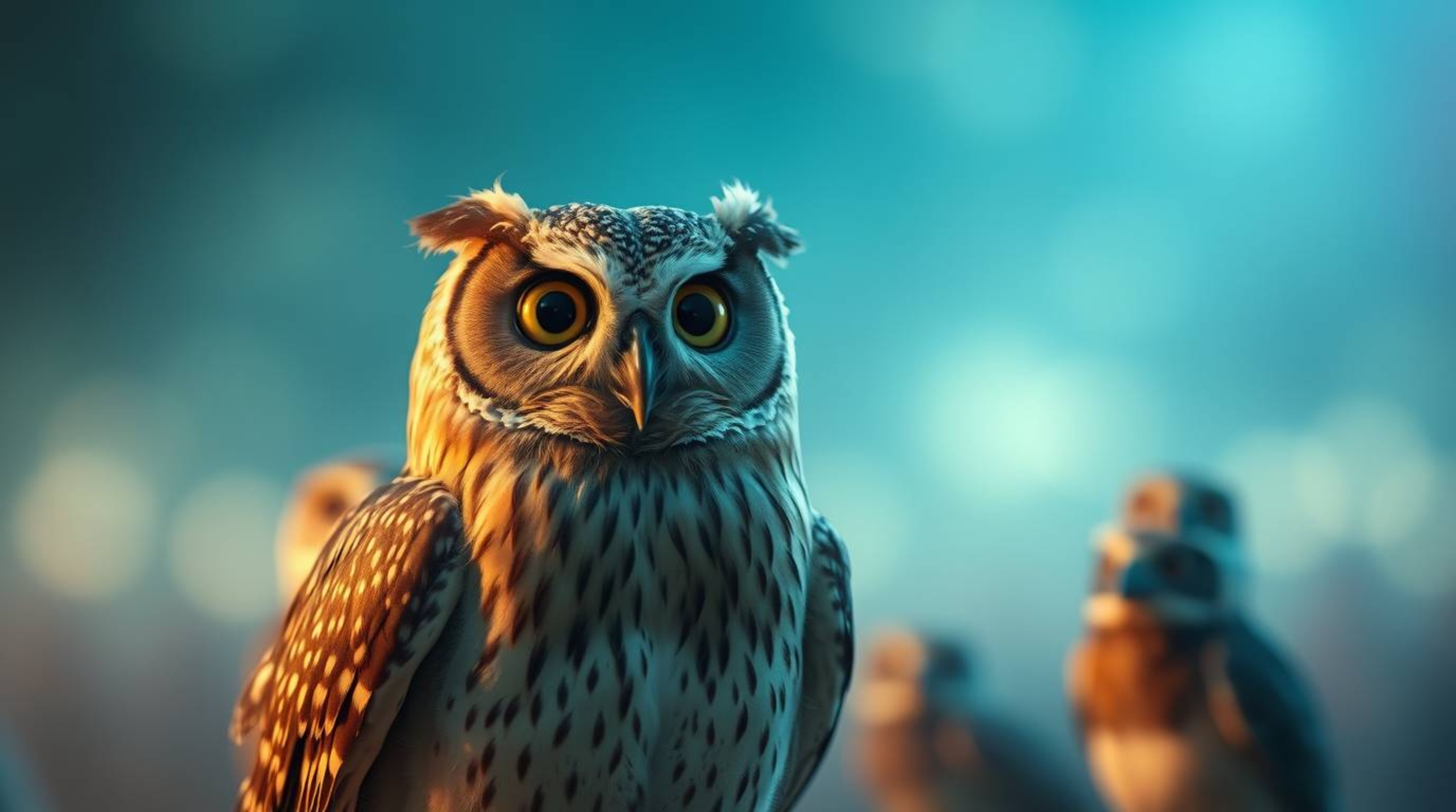 A cinematic photograph, created with a long exposure for an ethereal vibe, features a Pixar-style blind owl with a proud expr