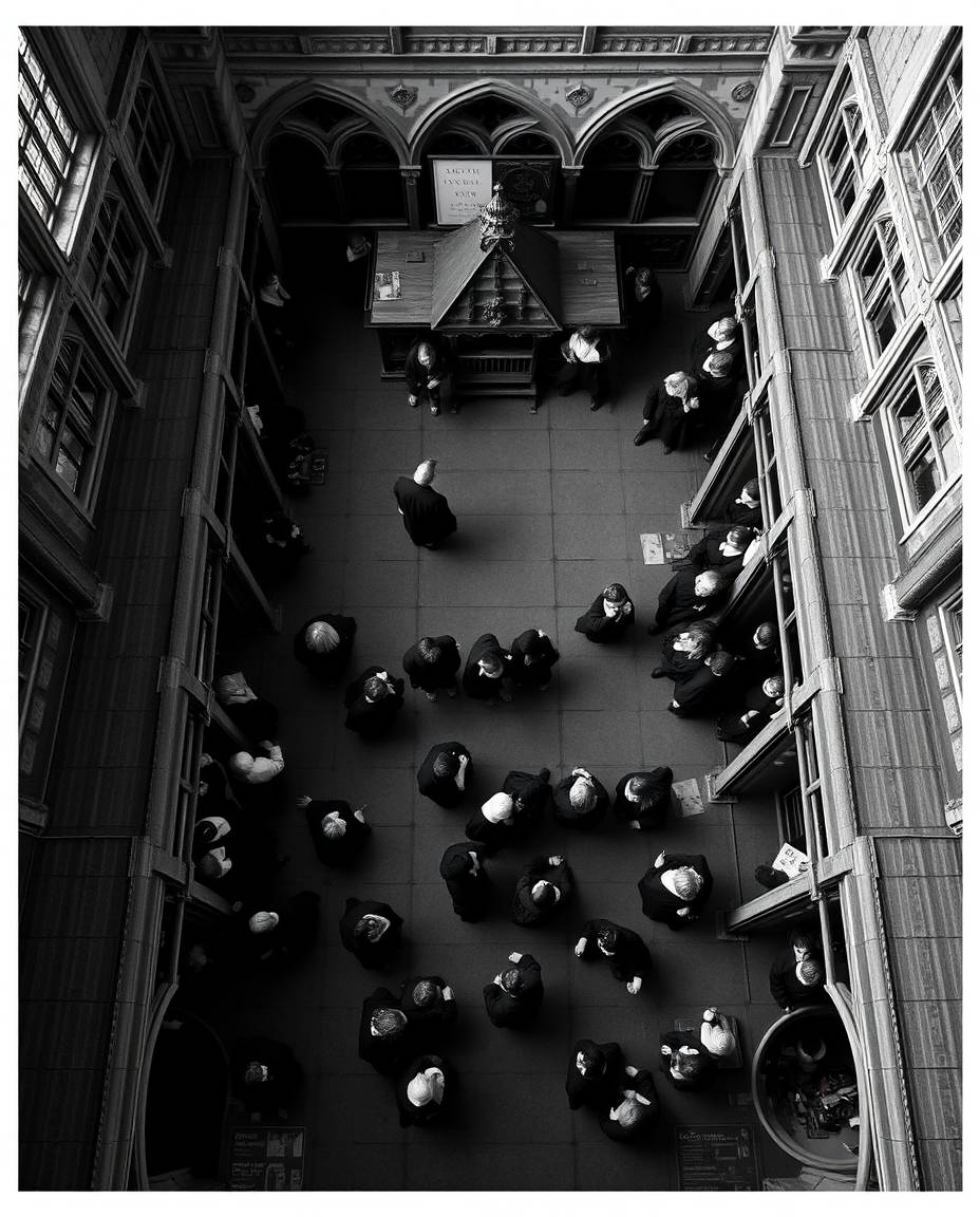 Discover a timeless and elegant black and white overhead view of a magical school teeming with young wizards. This captivatin