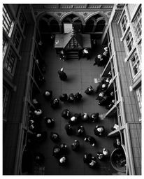 Discover a timeless and elegant black and white overhead view of a magical school teeming with young wizards. This captivatin
