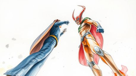 A whimsical watercolor painting showcases a superhero in a cape dramatically battling a silly villain.  The low angle perspec