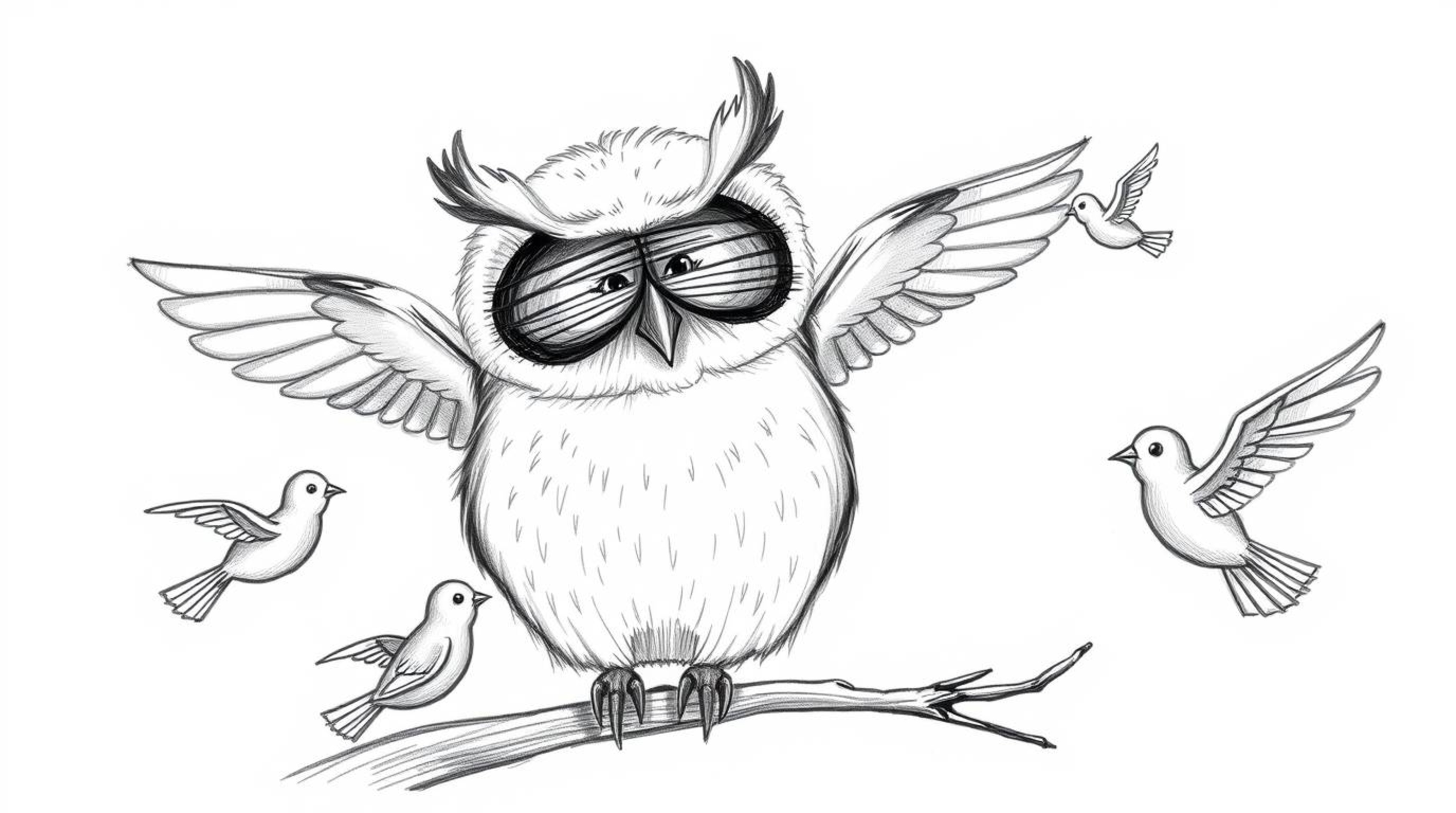 A heartwarming hand-drawn sketch in Pixar style depicting a gentle, blind owl with soft, downy feathers calmly perched agains