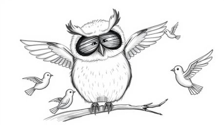 A heartwarming hand-drawn sketch in Pixar style depicting a gentle, blind owl with soft, downy feathers calmly perched agains