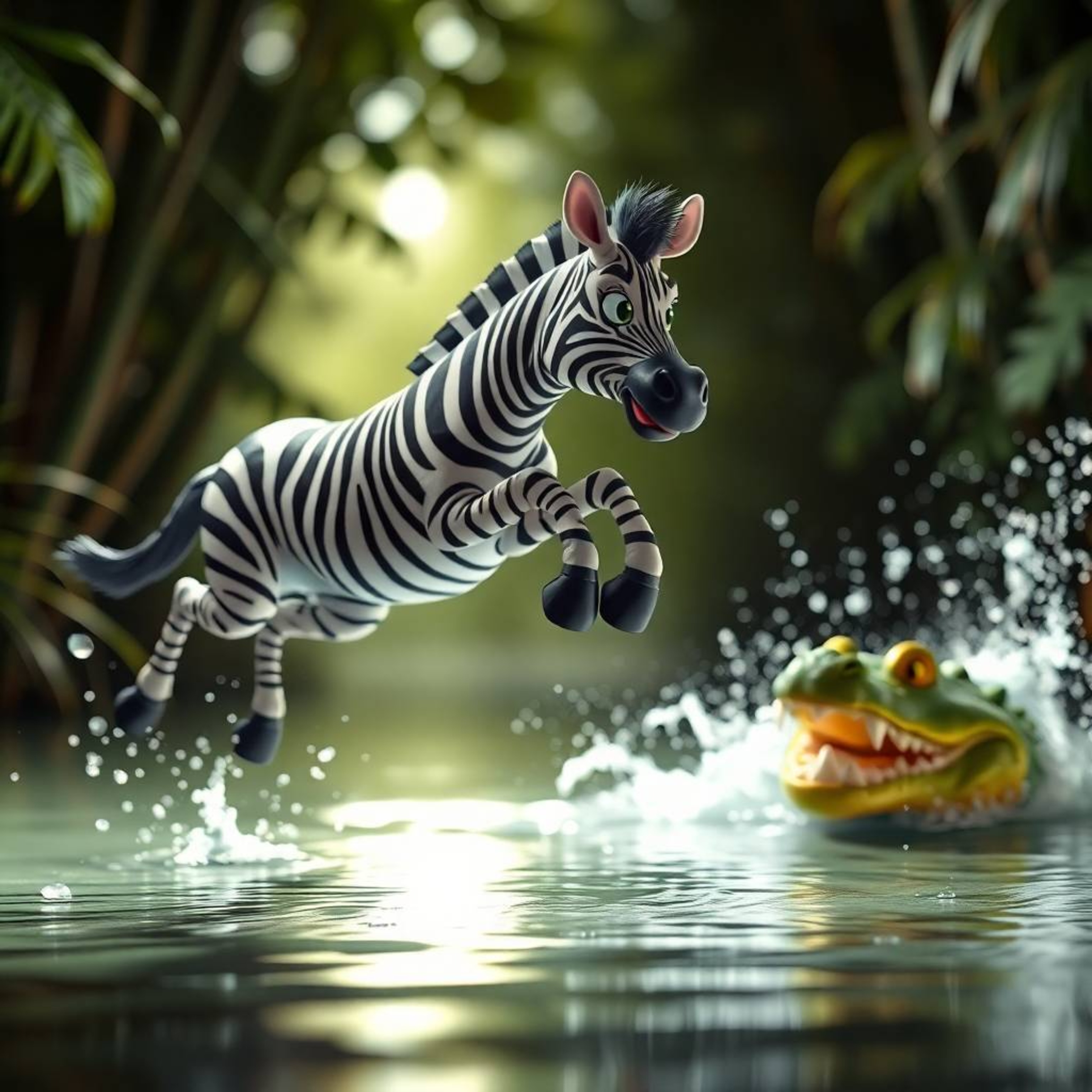 Experience a dramatic scene with intense lighting and extreme macro close-up detail. A 3D cartoon zebra leaps from a jungle r