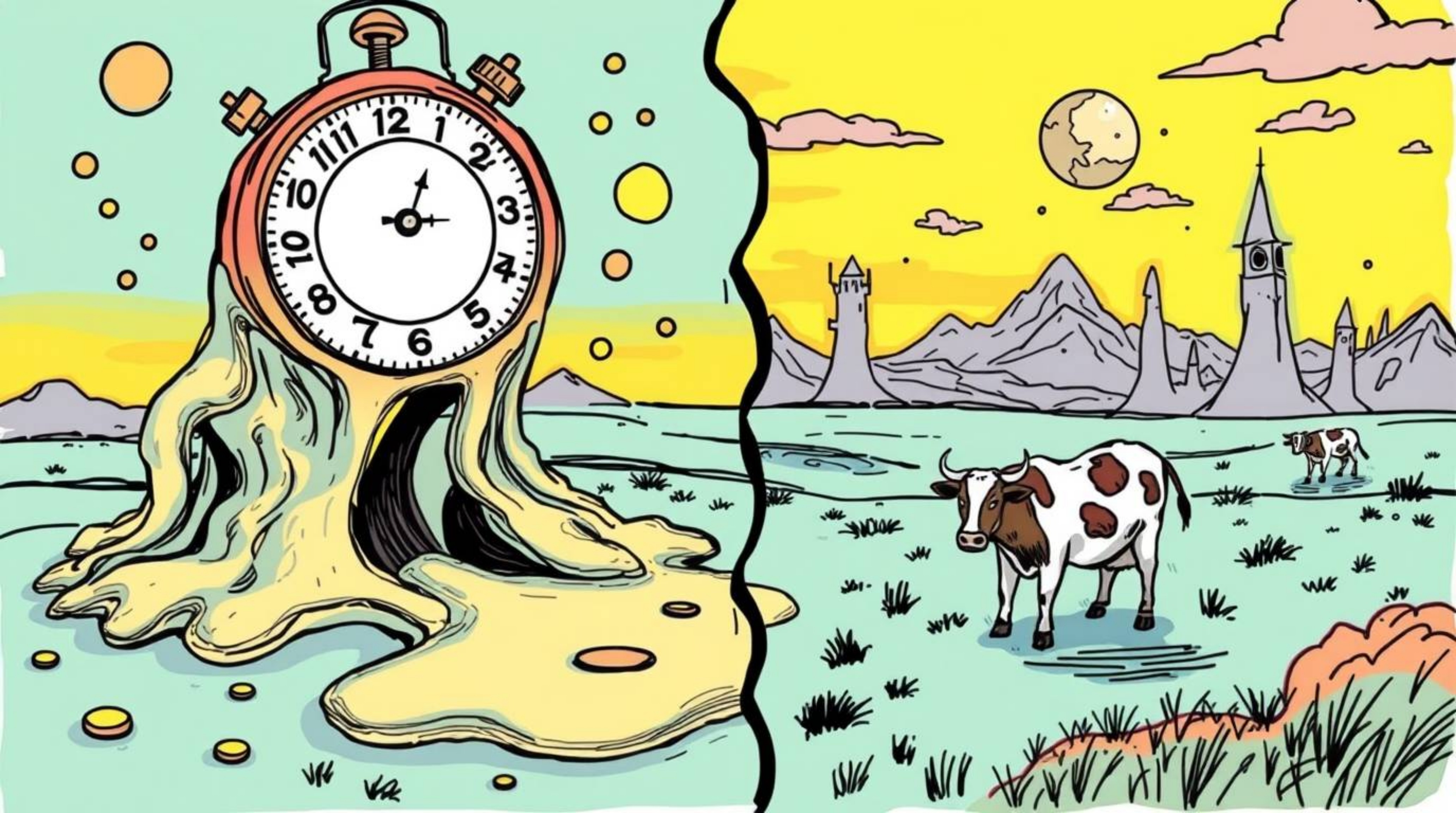Explore a vividly colored, hand-drawn sketch featuring a surreal dreamscape where melting clocks and floating cows take cente
