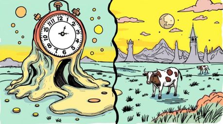 Explore a vividly colored, hand-drawn sketch featuring a surreal dreamscape where melting clocks and floating cows take cente