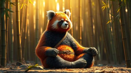 A detailed image of a martial artist panda, its fur rendered in warm reds, oranges, and yellows, meditating serenely within a