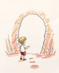 A heartwarming, hand-drawn sketch depicts a child's wondrous discovery of a magical portal in their backyard. Rendered in a r