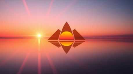 A logo design inspired by the captivating beauty of lens flare, mirroring a serene sunset reflected in a tranquil pond.  The 