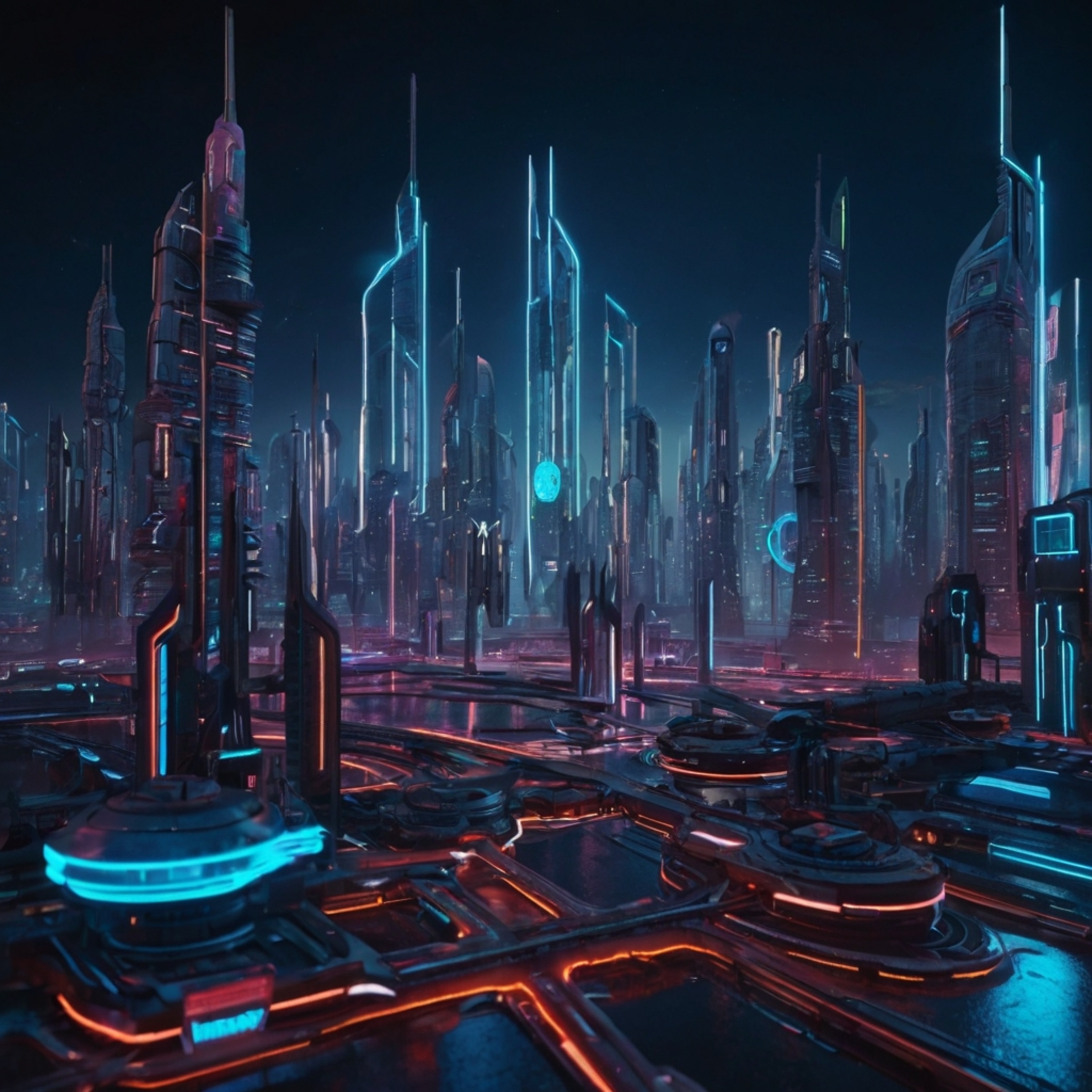 Explore a stunning 3D model of a futuristic cityscape, complete with sleek flying vehicles zipping between towering skyscrape