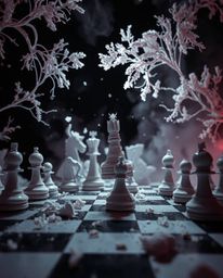 Experience the surreal beauty of a chessboard frozen in mid-air destruction. This captivating image showcases high-contrast, 