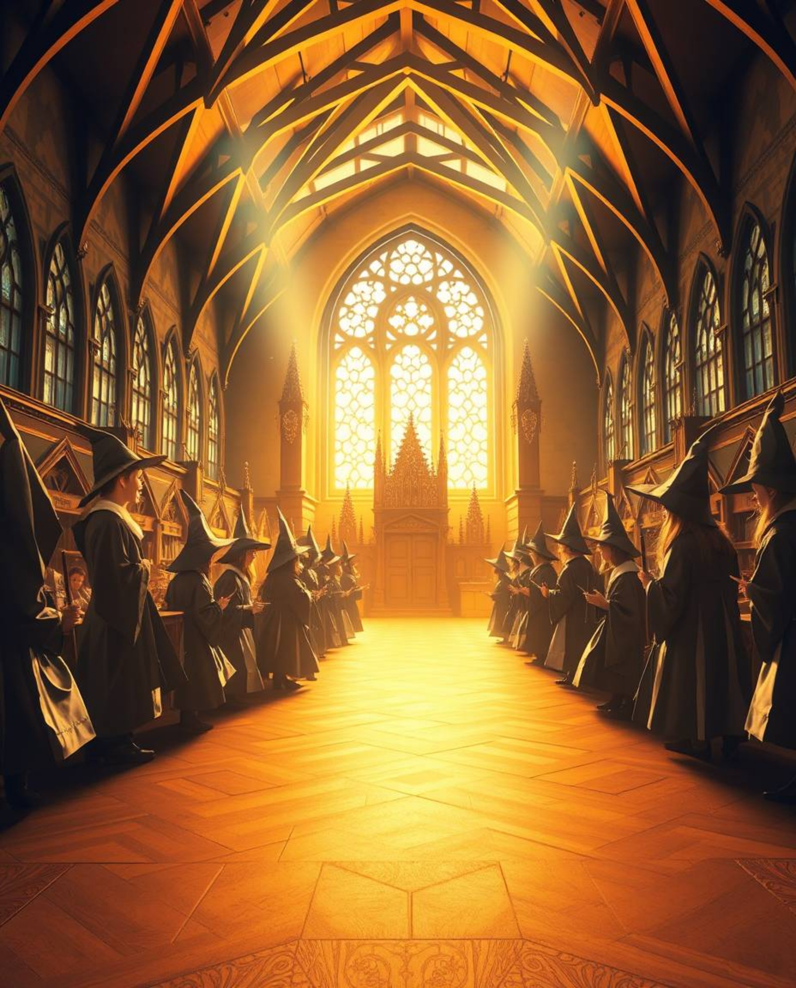 Immerse yourself in a captivating world with this origami-style image, bathed in a warm, golden glow. Picture a magical schoo