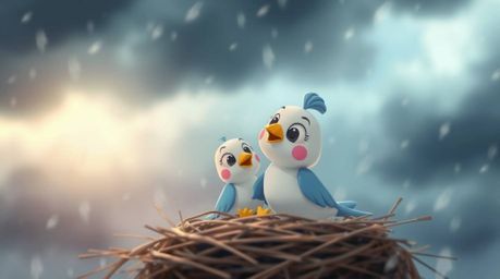 Witness two adorable cartoon birds, rendered in a classic animation style, diligently building their nest amidst a dramatic,