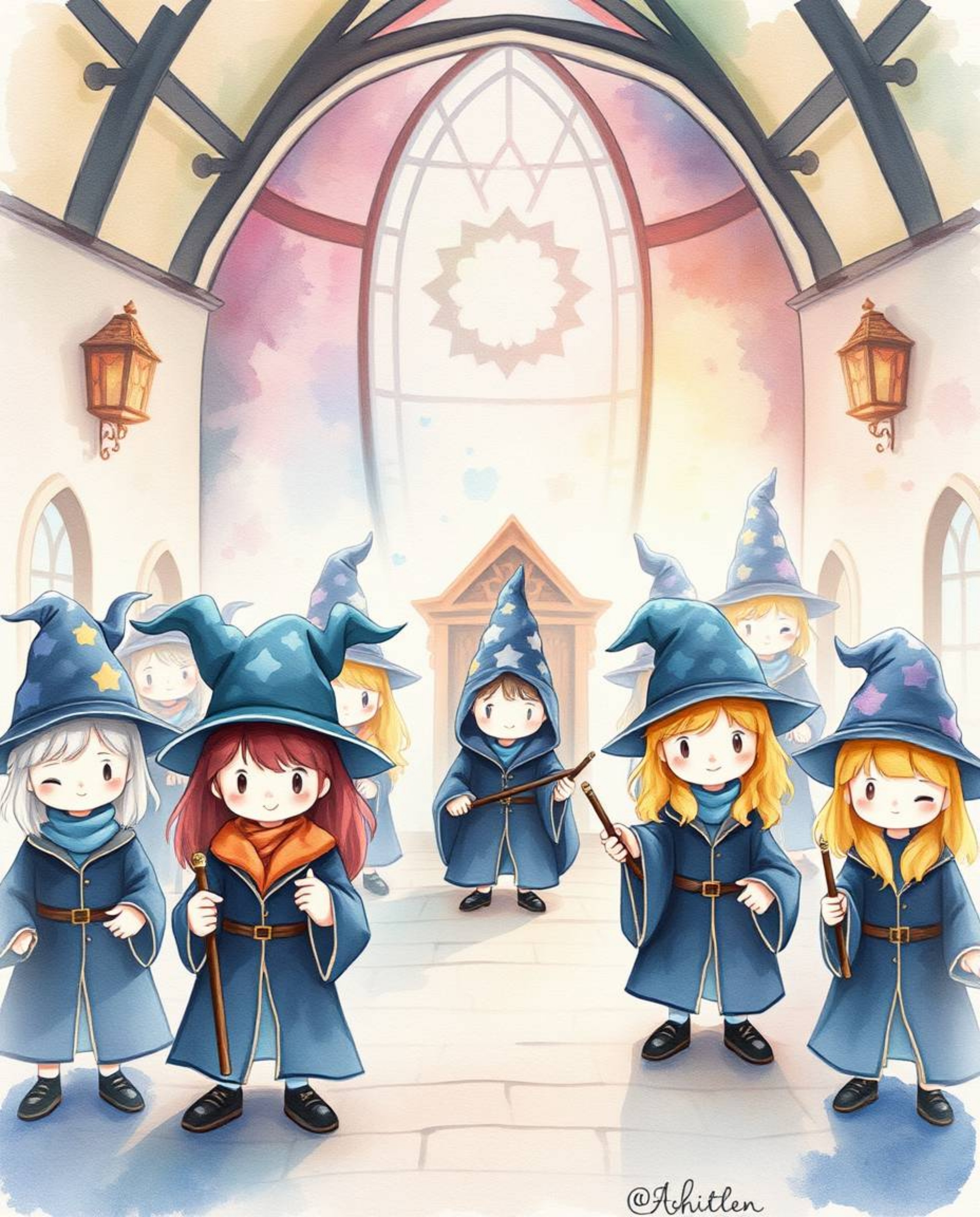 Discover a charming watercolor painting depicting an adorable magical school brimming with young wizards.  Their cute and cha