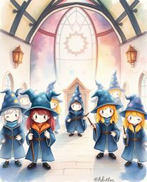 Discover a charming watercolor painting depicting an adorable magical school brimming with young wizards.  Their cute and cha