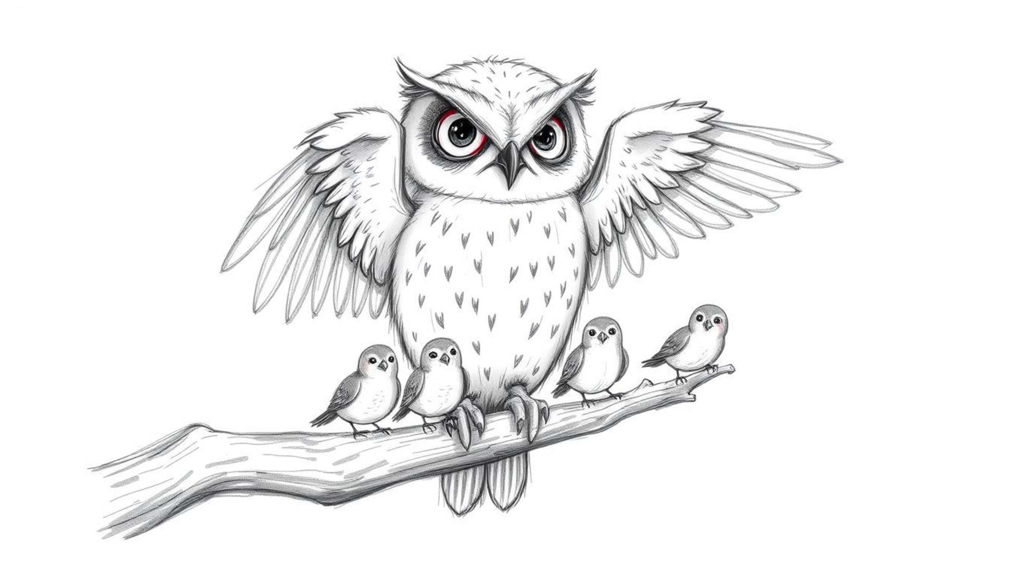 A heartwarming hand-drawn sketch in the style of Pixar shows a blind owl, with soft feathery textures, perched on a hollow br