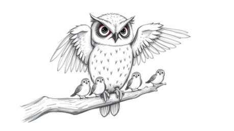 A heartwarming hand-drawn sketch in the style of Pixar shows a blind owl, with soft feathery textures, perched on a hollow br