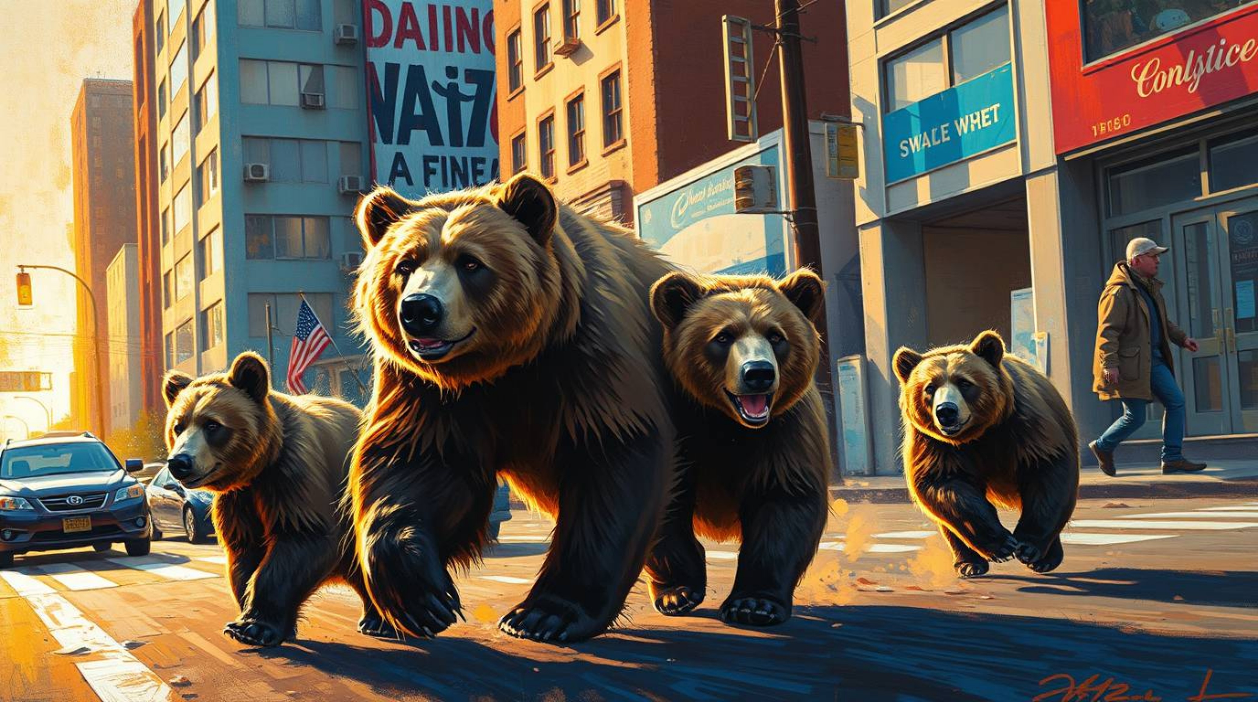 A captivating acrylic painting depicting a bear family embarking on an urban adventure, rendered in a dramatic cinematic styl
