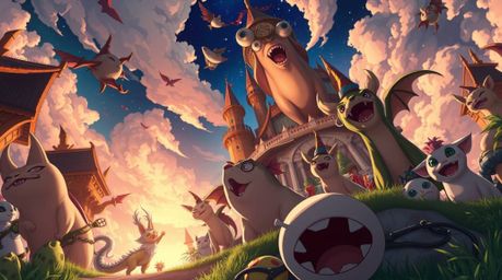 Experience a breathtaking Isekai fantasy kingdom brimming with quirky magical creatures, captured in a dramatic and expressiv