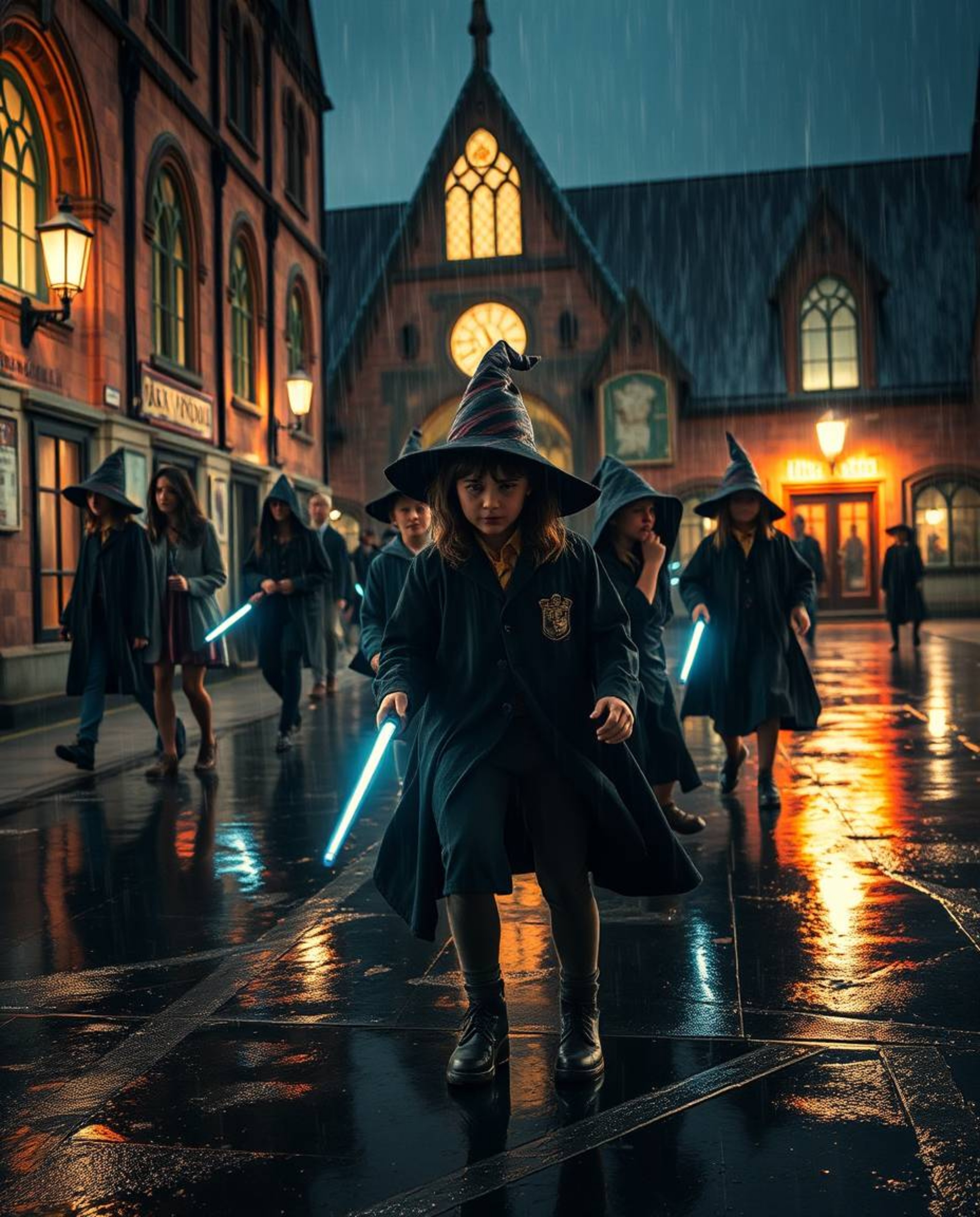Experience a dramatic cinematic scene of a magical school brimming with young wizards on a wet, rainy day.  The image boasts 