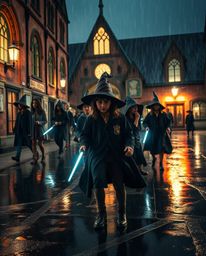 Experience a dramatic cinematic scene of a magical school brimming with young wizards on a wet, rainy day. The image boasts