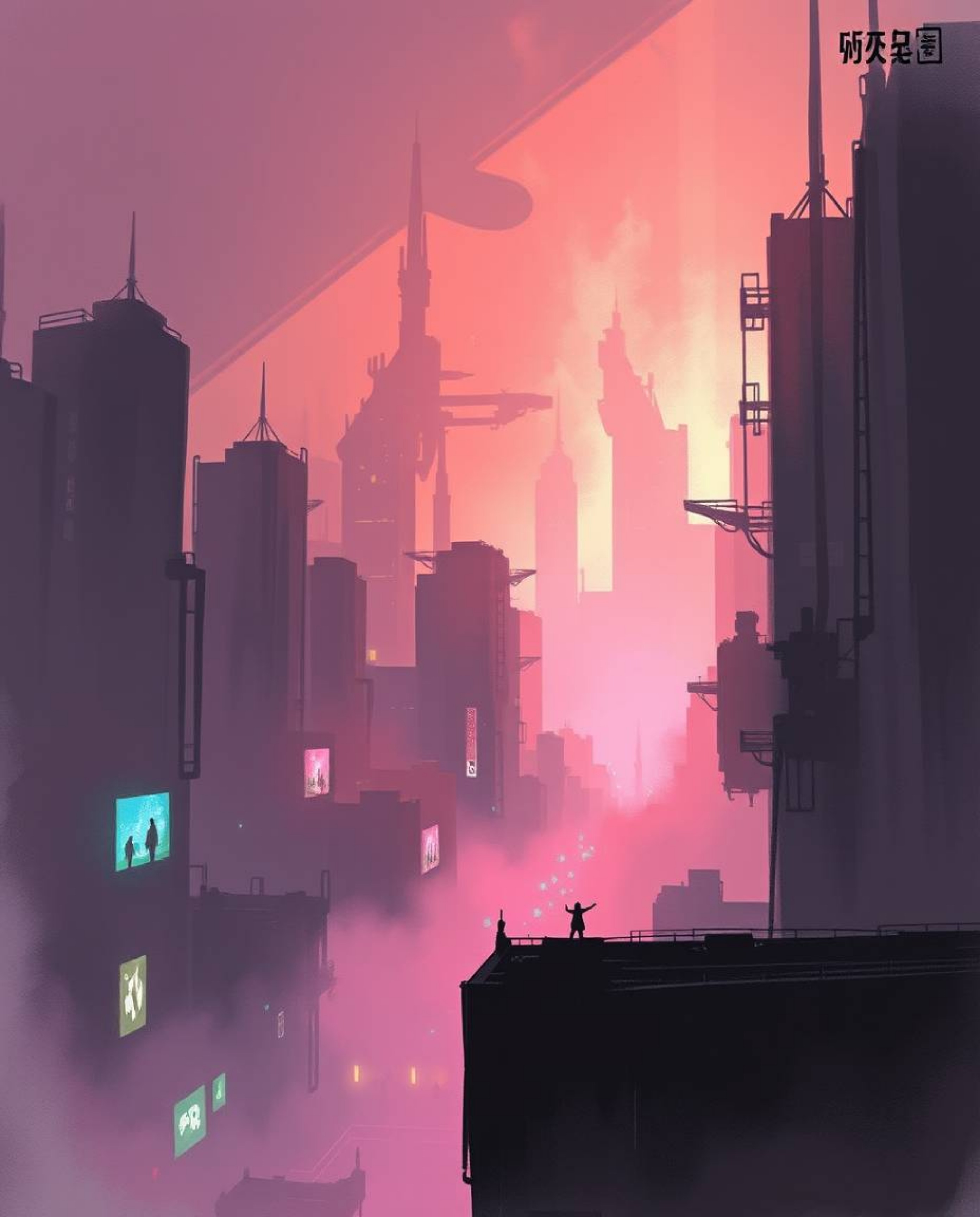 A digital sketch depicting a futuristic city in glitch mode, showcasing painterly strokes and silhouetted backlighting. The s