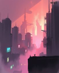 A digital sketch depicting a futuristic city in glitch mode, showcasing painterly strokes and silhouetted backlighting. The s