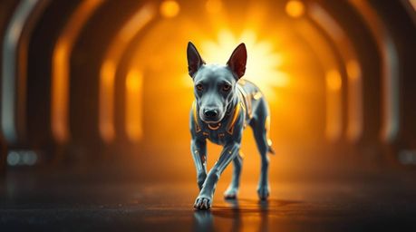 Imagine a futuristic dog, rendered with sharp focus, confidently walking itself through the vastness of space. Bathed in a wa