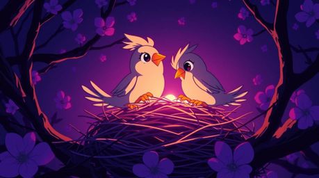 A captivating isekai-style illustration showcases two cartoon birds meticulously constructing their nest.  Rendered in a clas