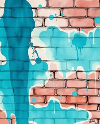 This delicate watercolor painting showcases rich, deep teal graffiti-style colorful splashes on a brick wall, embodying a cap