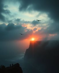 An epic and moody scene of a futuristic sunset unfolds over a coastal cliff, with soaring birds adding to the dramatic atmosp