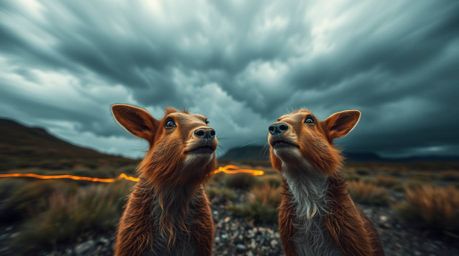 A captivating long exposure photograph showcases two mischievous talking animals amidst a dramatic stormy night.  Their playf