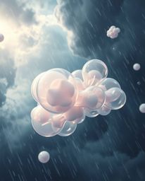 A mesmerizing 3D render showcasing translucent, fluid organic blobs gracefully floating in the vastness of space under intens