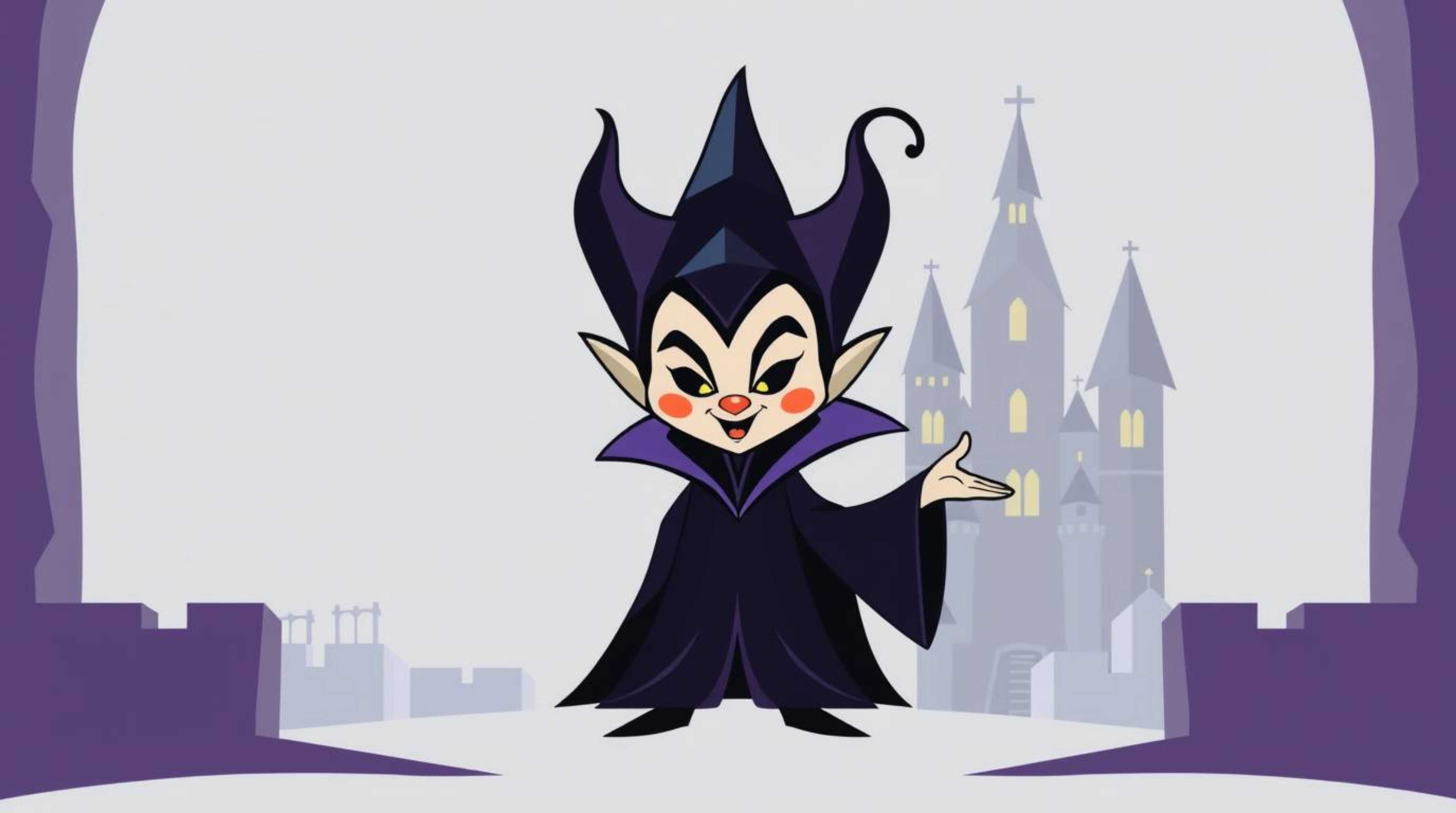 A charming and adorable Disney villain, characterized by geometric features and clean lines, is casting a spell within the wa