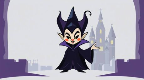 A charming and adorable Disney villain, characterized by geometric features and clean lines, is casting a spell within the wa