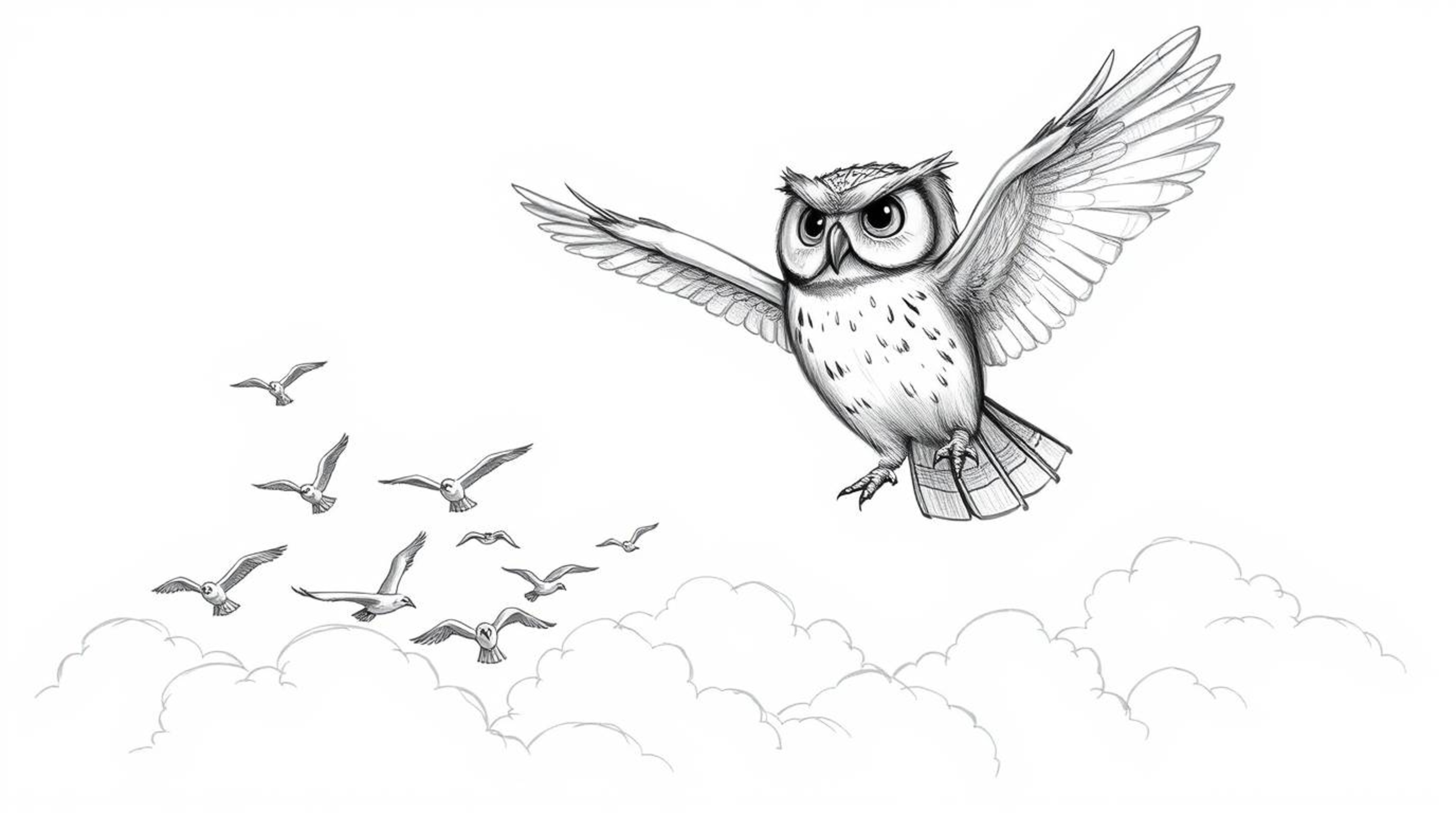 A hand-drawn sketch in Pixar style featuring a proud, blind owl soaring above fluffy white clouds while teaching a flock of b