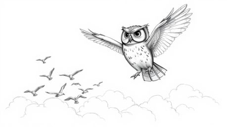 A hand-drawn sketch in Pixar style featuring a proud, blind owl soaring above fluffy white clouds while teaching a flock of b