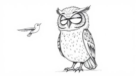 A heartwarming hand-drawn Pixar style sketch depicts a blind owl with soft, textured feathers instructing small birds in the 