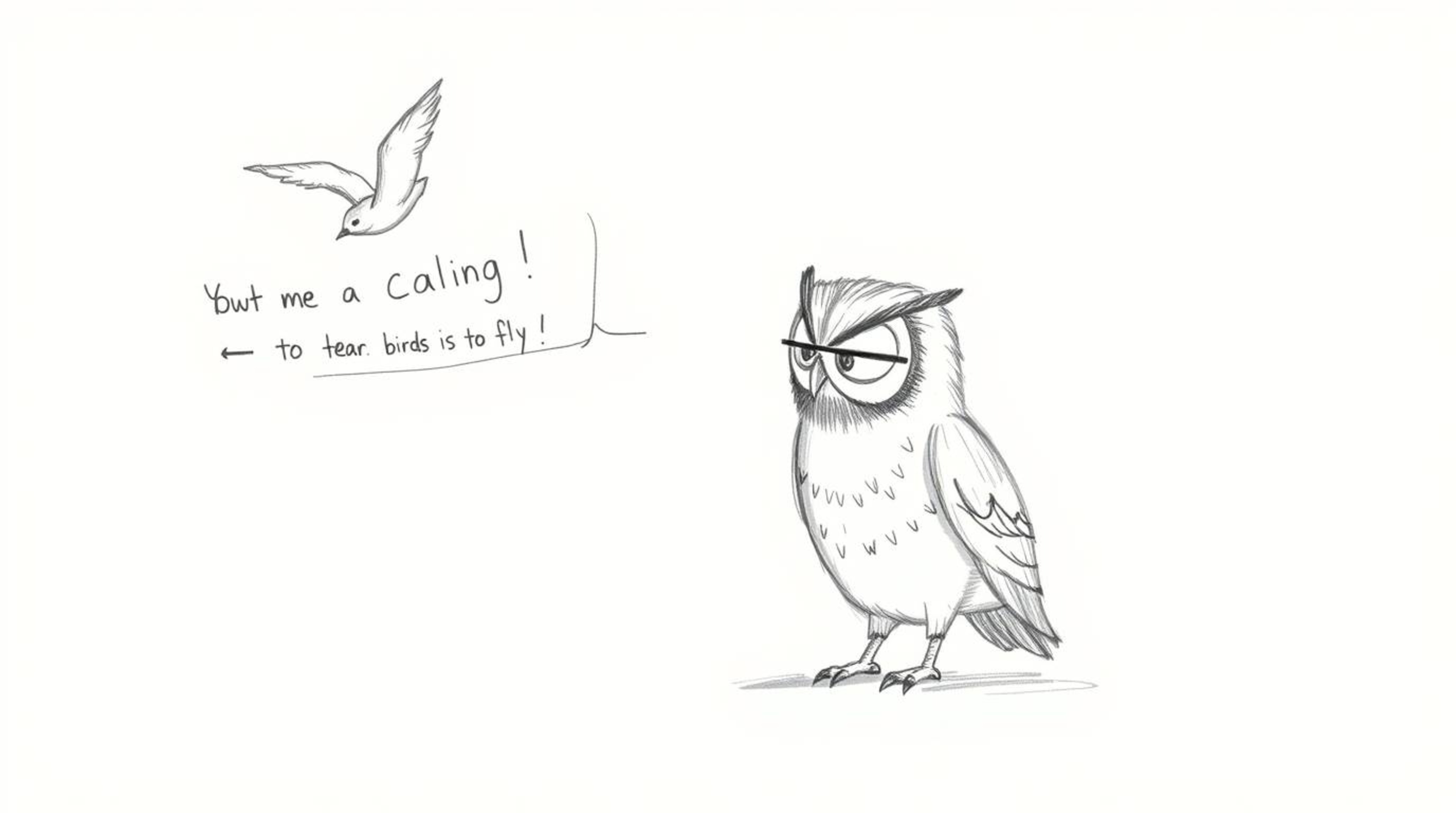 A heartwarming hand-drawn sketch reminiscent of Pixar, portrays a blind owl with textured pencil strokes and rough lines, ded