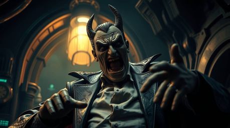 A comedic yet dramatic scene unfolds: a villain experiencing a hilarious meltdown within a futuristic lair, rendered in an an