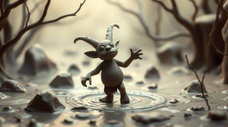 A captivating digital painting depicts a soft, dreamy scene of a sculpted clay ogre dancing gracefully in a swamp.  The artwo